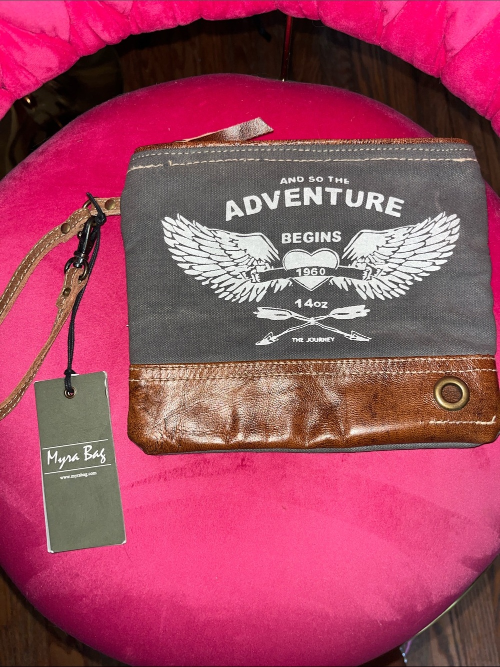Myra Bag Gray Canvas & Brown Leather Wristlet Wallet